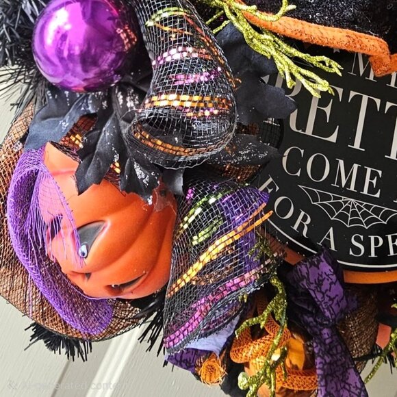 Halloween Wreath Witch Hat Door Decor Light Up Purple Pumpkins Spooky Handmade - Picture 7 of 9